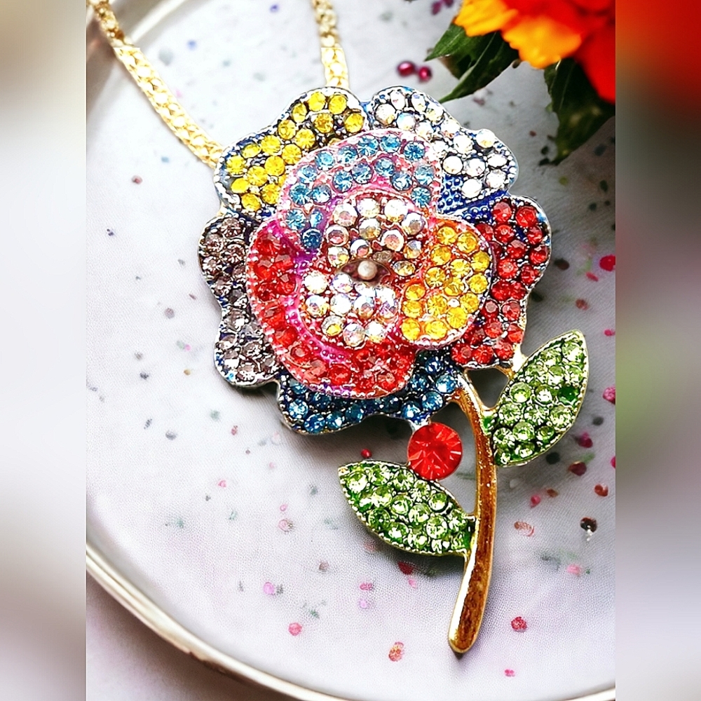Gold plated Multicolor Crystal Flower Necklace/ Brooch